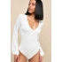 Kadın Beyaz Geniş U Yaka Uzun Balon Kol Vücudu Saran Çift Kat İpek Jarse Basic Tanga Bodysuit