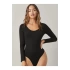 bysoca Kadın Siyah Geniş U Yaka Uzun Kollu Fitilli Kaşkorse Vücudu Saran Tanga Basic Bodysuit