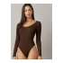 bysoca Kadın Kahverengi Geniş U Yaka Uzun Kollu Fitilli Kaşkorse Vücudu Saran Tanga Basic Bodysuit