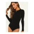 bysoca Kadın Siyah Geniş U Yaka Uzun Kollu Vücudu Saran Sandy Kumaş Tanga Basic Bodysuit