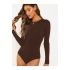 bysoca Kadın Kahverengi Geniş U Yaka Uzun Kollu Vücudu Saran Sandy Kumaş Tanga Basic Bodysuit