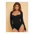 bysoca Kadın Siyah Kalp Yaka Uzun Kollu Vücudu Saran Sandy Kumaş Tanga Basic Bodysuit