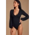 bysoca Kadın Siyah Geniş U Yaka Balon Kol Vücudu Saran Fitilli Kaşkorse Tanga Basic Bodysuit