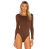 bysoca Kadın Kahverengi Sırt Dekolteli Kayık Yaka Uzun Kollu İpek Jarse Bodysuit