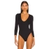 bysoca Kadın Siyah V Yaka Uzun Kol Vücudu Saran Jarse Tanga Basic Bodysuit