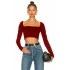 Kadın Bordo Kare Yaka Uzun Kollu Çift Kat İpek Jarse Kumaş Basic Crop Top