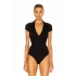 bysoca Kadın Siyah V Polo Yaka Kısa Kol Vücudu Saran Sandy Kumaş Tanga Basic Bodysuit