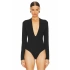 bysoca Kadın Siyah Derin V Yaka Uzun Kol Vücudu Saran Jarse Tanga Basic Bodysuit