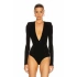 bysoca Kadın Siyah Vatkalı Derin V Yaka Uzun Kollu Vücudu Saran Tanga Esnek İpek Jarse Bodysuit