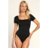bysoca Kadın Siyah Kare Yaka Kısa Kol Beli Açık Vücudu Saran Sandy Kumaş Tanga Basic Bodysuit