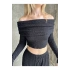 bysoca Kadın Siyah Madonna Yaka Düşük Omuz Gofre Kumaş Dokulu Crop Bluz