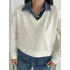 bysoca Kadın Ekru Gömlek Yaka Kot Detaylı V Yaka Uzun Kollu Rahat Kesim İki İplik Kumaş Sweatshirt