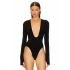 bysoca Kadın Siyah Kemerli Derin V Yaka Uzun Kollu Parmak Geçmeli Sandy Kumaş Tanga Bodysuit