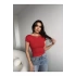 bysoca Kadın Kırmızı Kayık Yaka Sırtı Açık Dekolteli Kısa Kollu Sandy Kumaş Crop Bluz
