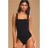 bysoca Kadın Siyah Kalın Askılı Kare Yaka Vücudu Saran Fitilli Kaşkorse Tanga Basic Bodysuit