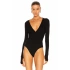 bysoca Kadın Siyah V Yaka Uzun Kollu Parmak Geçmeli Vücudu Saran Sandy Kumaş Tanga Basic Bodysuit