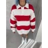 bysoca Kadın Çizgili Polo Yaka Düğmeli Oversize Üç İplik Sweatshirt - Kırmızı