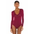 bysoca Kadın Bordo V Yaka Uzun Kol İpek Jarse Vücudu Saran Basic Bodysuit