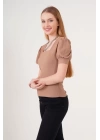 0409 Kare Yaka Örme Bluz - B.Kahverengi