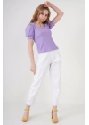 0409 Kare Yaka Örme Bluz - Lila