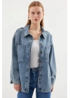 0694 Çift Cepli Oversize Denim Ceket - Buz Mavi