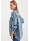 0694 Çift Cepli Oversize Denim Ceket - Buz Mavi