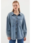 0694 Çift Cepli Oversize Denim Ceket - Buz Mavi