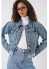 0716 Çift Cepli Crop Kot Ceket - Mavi