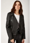 1025 Suni Deri Biker Ceket - Siyah