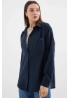 20153 Tek Cepli Oversize Keten Gömlek - Lacivert