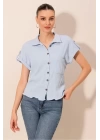 20187 Kısa Kol Oversize Örme Gömlek - Mavi