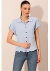 20187 Kısa Kol Oversize Örme Gömlek - Mavi