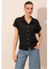 20187 Kısa Kol Oversize Örme Gömlek - Siyah