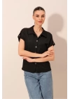 20187 Kısa Kol Oversize Örme Gömlek - Siyah
