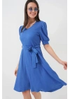 2370 Kuşaklı Örme Elbise - Saks