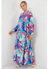 2423 Otantik Desenli Tesettür Elbise - D.Pembe