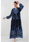 2423 Otantik Desenli Tesettür Elbise - Lacivert 1