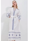 2479 Desenli Keten Elbise - Beyaz