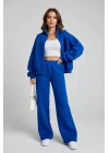 Kadın Saks Mavisi 3 İplik Compakt Şardonlu Fermuarlı Dik Yaka Hırka ve Palazzo Eşofman Takımı