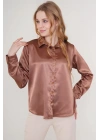 3964 Hafif Dökümlü Saten Gömlek - Taba
