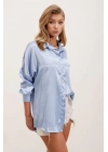 3985 Oversize Saten Gömlek - Mavi