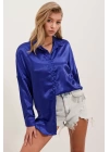 3985 Oversize Saten Gömlek - Saks