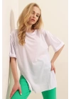 4123 Yırtmaçlı Oversize Tişört - Beyaz