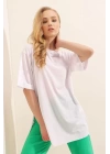 4123 Yırtmaçlı Oversize Tişört - Beyaz