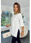 4123 Yırtmaçlı Oversize Tişört - Beyaz