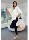 4123 Yırtmaçlı Oversize Tişört - Beyaz