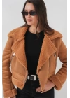 5155 Kruvaze Yaka Suni Kürklü Deri Mont - A.Kahve