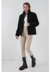 5178 Astarlı Peluş Mont - Siyah