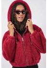 5193 Kapüşonlu Peluş Crop Ceket - Bordo