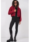 5193 Kapüşonlu Peluş Crop Ceket - Bordo